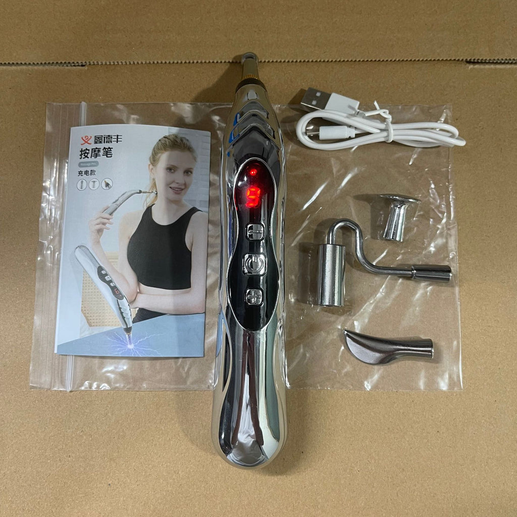 Meridian pen rechargeable acupoint massage tool with USB charger and multiple heads for home wellness.